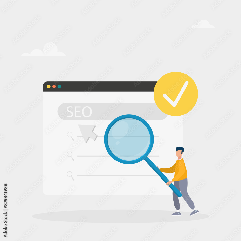 SEO optimization. An analyst who works with website data, analyzes search queries and selects keywords. Vector illustration SEO optimization. An analyst who works with website data, analyzes search queries and selects keywords. Vector illustration