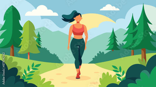 Fit girl in sportswear hiking boots walking on mountain trail surrounded by trees mountains, exercise fitness