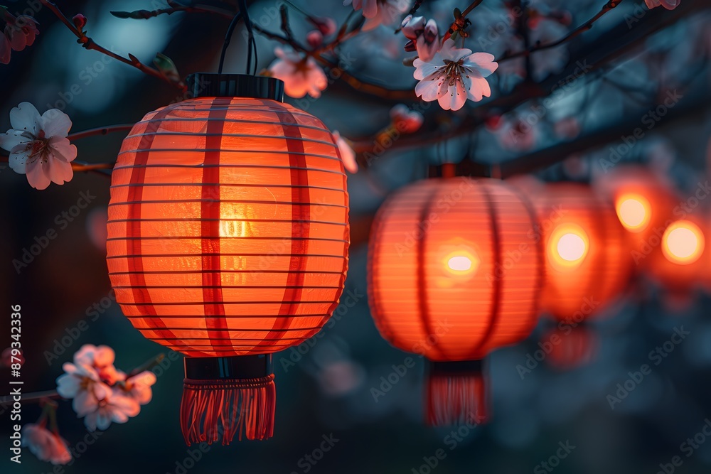 Obraz premium Traditional Lanterns Amidst Blossoms - Vibrant Asian Decorative Lamps for Festive Spring Celebrations and Cultural Events