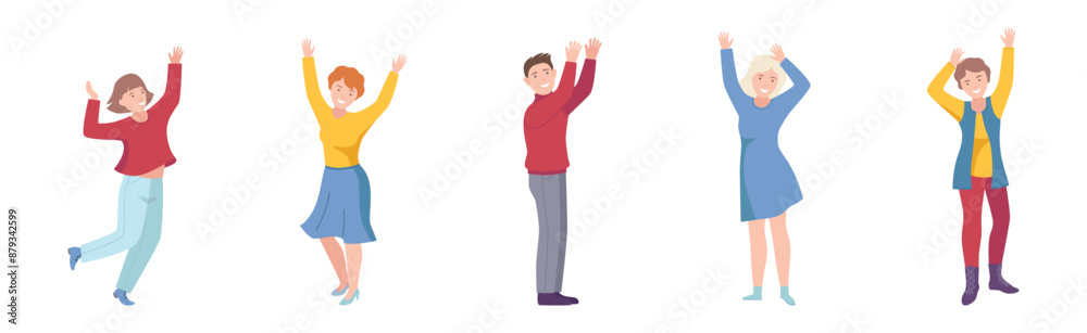 Happy People Character Standing with Raised Hands Up Vector Set Happy People Character Standing with Raised Hands Up Vector Set