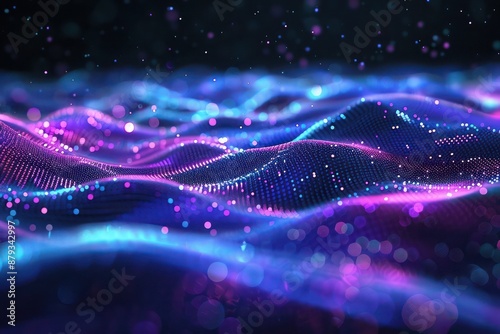 A futuristic abstract composition featuring vibrant purple and blue particles that pulse and oscillate like sound waves, set against a sleek, dark background,