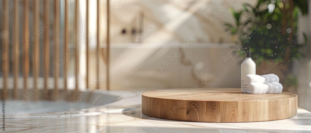 Wooden podium for bathing and spa products in defocused bathroom, Round wooden podium for product display on blurred bathroom background. Wooden podium for bathing and spa products in defocused bathroom, Round wooden podium for product display on blurred bathroom background.