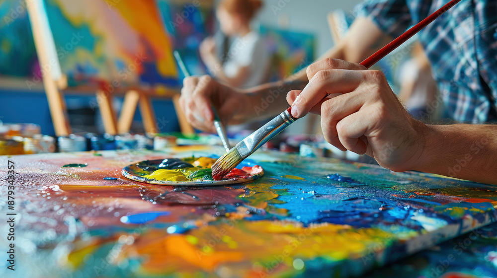 Artist Painting on Canvas with Palette and Brushes in Studio Artist Painting on Canvas with Palette and Brushes in Studio
