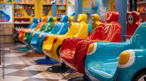 Wallpaper Mural A row of bright, colorful, car-shaped barber chairs line the floor of a modern barbershop. Torontodigital.ca