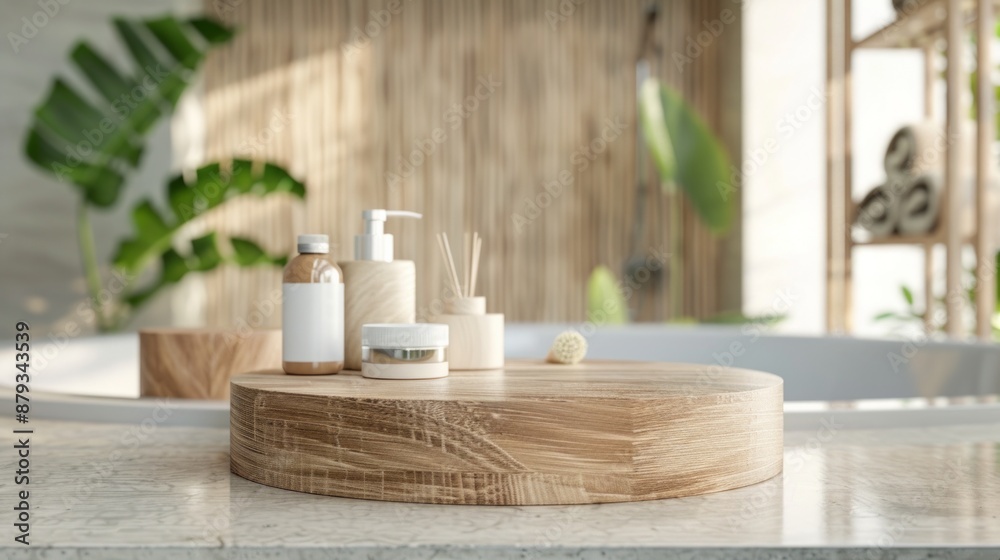 Wooden podium for bathing and spa products in defocused bathroom, Round wooden podium for product display on blurred bathroom background. Wooden podium for bathing and spa products in defocused bathroom, Round wooden podium for product display on blurred bathroom background.