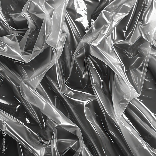 Close-up of crumpled translucent plastic sheets creating an abstract texture, perfect for backgrounds or design elements.