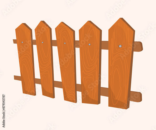 Old wooden Orange fence, side and front view. isolated on white background with parallel plank old. Vector illustration. House or Farm Element. Detailed cartoon wood.