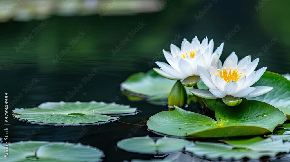 Two white water lilies bloom in a pond surrounded by green lily pads Two white water lilies bloom in a pond surrounded by green lily pads