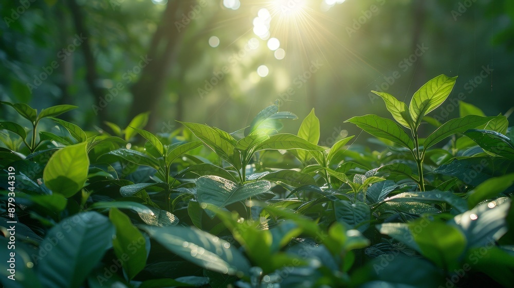 A lush forest in the heart of summer, sunlight filtering through dense foliage A lush forest in the heart of summer, sunlight filtering through dense foliage