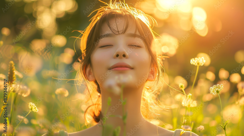 Fototapeta premium A beautiful Asian woman enjoys the sunset in a flowering field. A young woman walks through a field with flowers, feeling freedom. The concept of nature, walks, freedom.