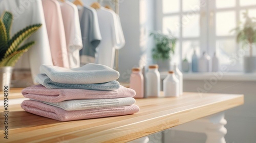 Close-up of a wooden folding table with neatly folded clothes in a bright laundry room, photorealistic, tidy and practical, efficient design, home care, folding table