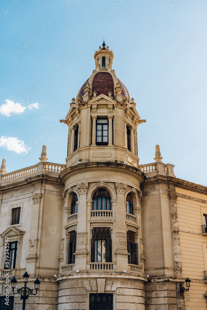 Close-up of an ornate tower on a historic building in Valencia. The detailed architecture and bright sky highlight the city s cultural heritage and artistic beauty. Close-up of an ornate tower on a historic building in Valencia. The detailed architecture and bright sky highlight the city s cultural heritage and artistic beauty.