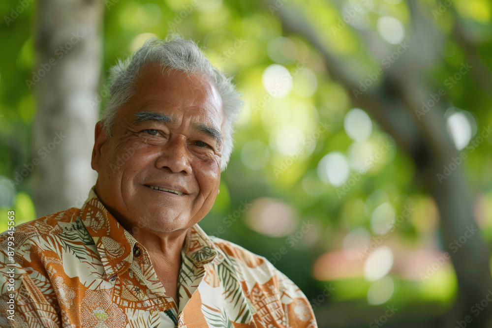Close-up portrait of a senior man of Pacific Islander descent in a traditional Hawaiian shirt Close-up portrait of a senior man of Pacific Islander descent in a traditional Hawaiian shirt