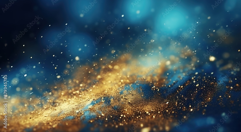 Obraz premium Illustrative depiction of an abstract backdrop featuring a blend of blue hues and golden splatters, embodying a luxurious blue texture concept.