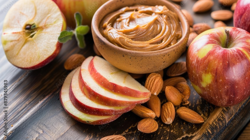 A healthy snack of sliced apples and almond butter, GERD-friendly recipe, nutritious snack and dietary advice A healthy snack of sliced apples and almond butter, GERD-friendly recipe, nutritious snack and dietary advice