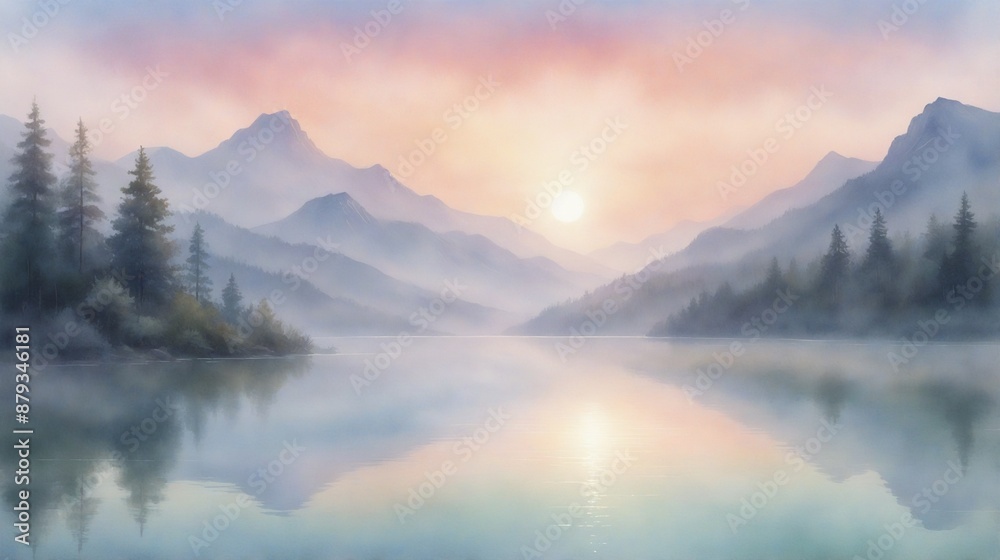 A painting of a serene lake at dawn, mist rising from the water, distant mountains in the background. A painting of a serene lake at dawn, mist rising from the water, distant mountains in the background.