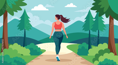 Fit girl in sportswear walking away in park, trees mountains sky clouds