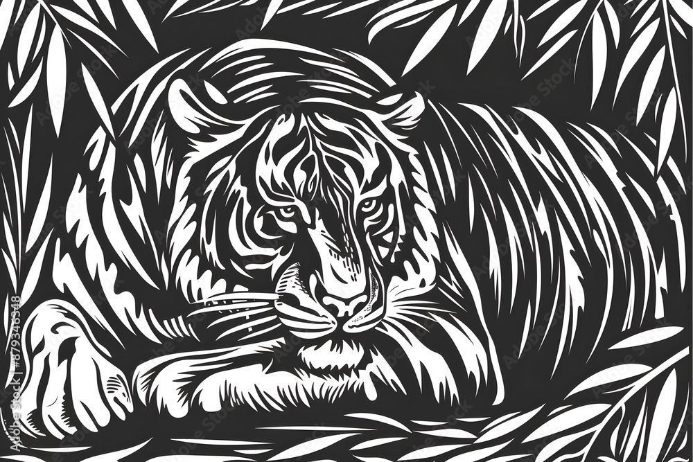 Hand drawn tiger silhouette in a minimal style. Black and white graphic illustration isolated on white background Hand drawn tiger silhouette in a minimal style. Black and white graphic illustration isolated on white background