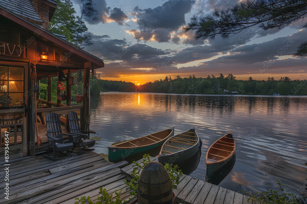Serene lakeside cabin with a wooden deck, canoes, and a beautiful ...