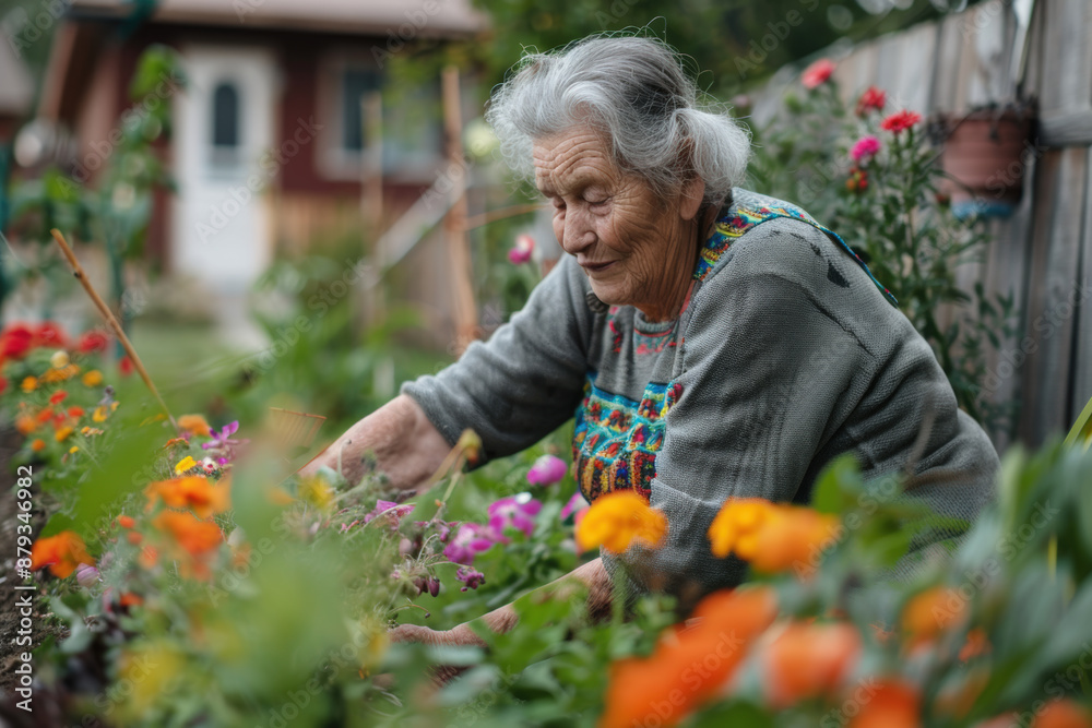 A senior woman engaging in gardening activities early in the morning, showcasing an active lifestyle surrounded by nature and greenery.