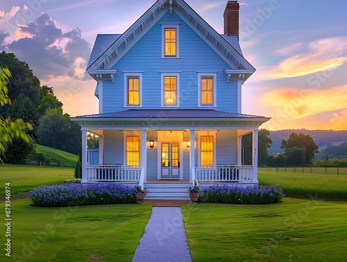 Sophisticated suburban Italianate house in light blue, countryside meadow, twilight,