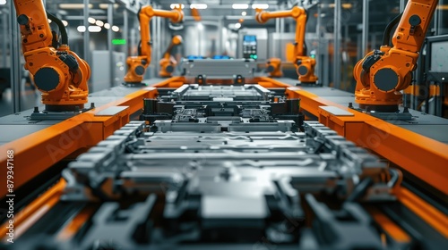 Orange Industrial Robot Arms Assemble EV Battery Pack on Automated Production Line