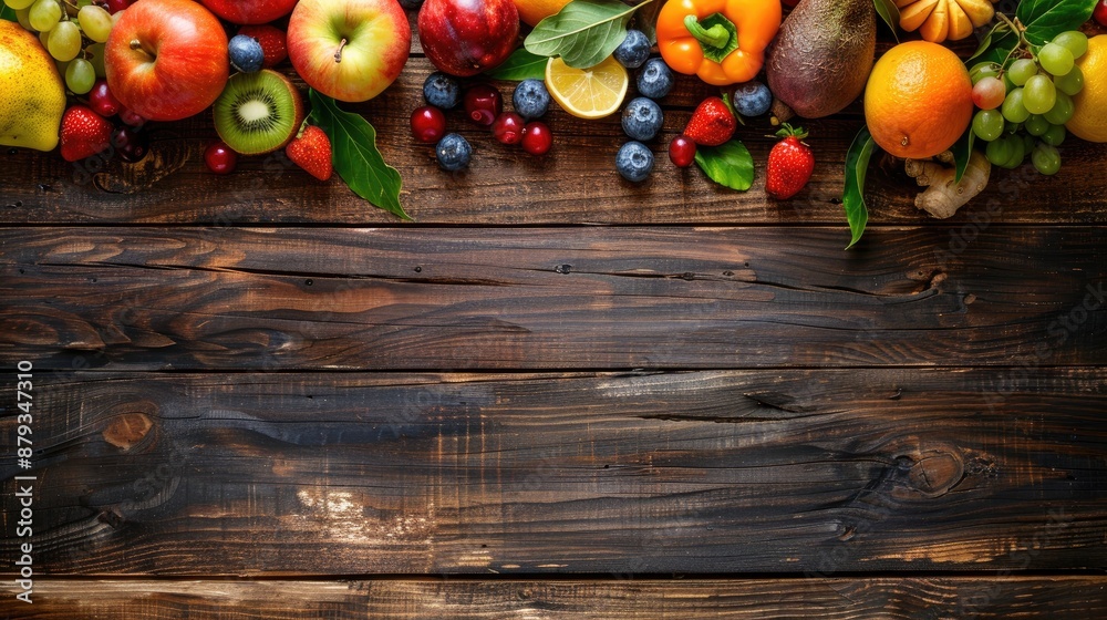 Variety of fruits on wooden background for healthy concept Variety of fruits on wooden background for healthy concept