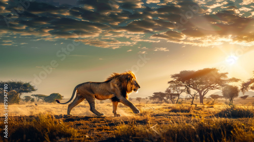 A stately lion walking across the safari plains on a bright sunny day. The king of beasts in their natural habitat, feels freedom. Animals concept, wildlife.