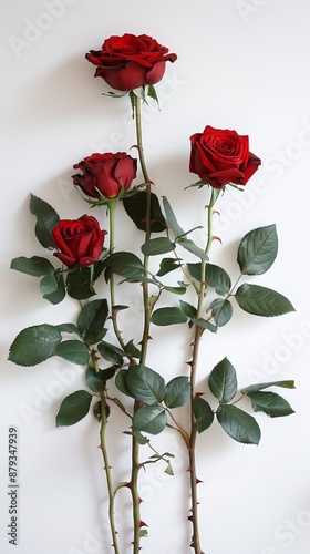 Wallpaper Mural Four long stem red roses are standing in a vase against a white wall. The roses are in full bloom and their petals are a deep red Torontodigital.ca