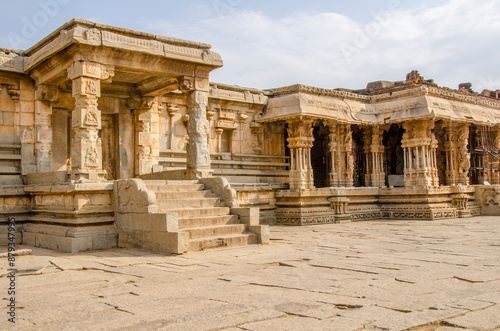 Vittala Temple  Ancient stone architecture  ornate monument   with intricate carvings inside  Hampi  Karnataka  India  Asia.