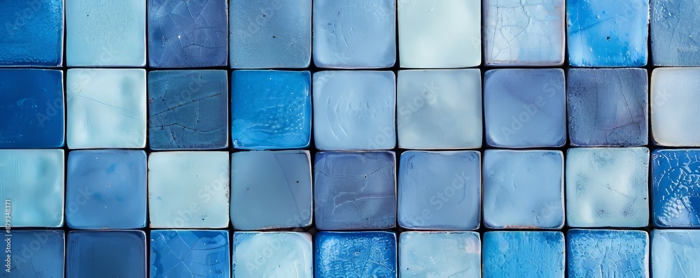 Pattern of blue mosaic tiles creates a textured background. The various shades of blue add depth and visual interest to the surface Pattern of blue mosaic tiles creates a textured background. The various shades of blue add depth and visual interest to the surface