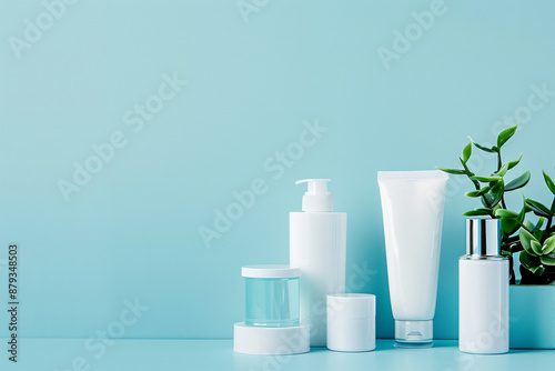 Wallpaper Mural Close-up of group of white cosmetic product containers with plant in background, arranged against blue surface Torontodigital.ca