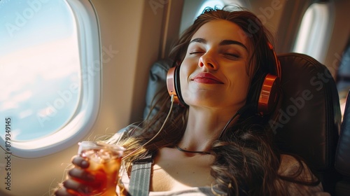 Happy woman relaxing in a spacious airplane cabin, listening to music with headphones and sipping a drink, embodying the contentment of air travel