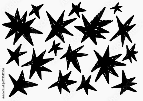 Set of abstract playful shape. Retro spiked circle stickers. Bursting explosion black textured star.