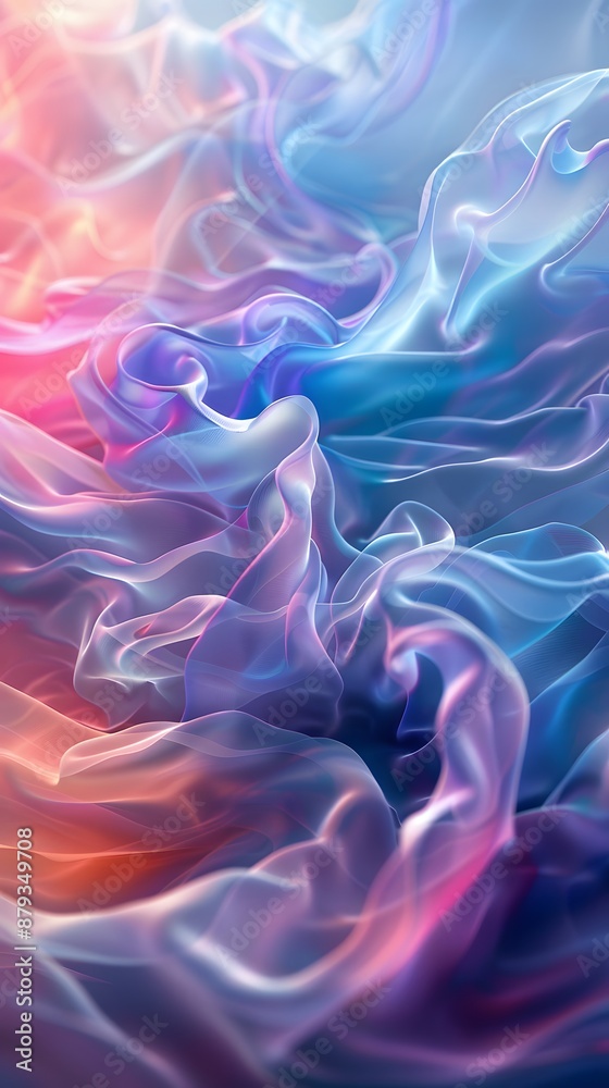 Vertical Abstract digital artwork with gradient of pastel colors of blue, purple, pink. Fluid, wave-like texture 