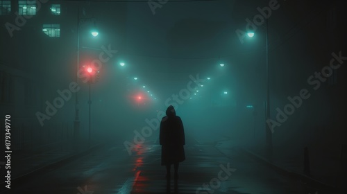 Mysterious man is standing on a foggy street at night, illuminated by turquoise and red street lights. The urban scene evokes mystery and suspense