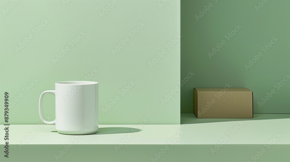 A plain white ceramic mug with a handle sits in front of a cardboard box with a window cut out to reveal the mug inside. The background is a solid, muted green color A plain white ceramic mug with a handle sits in front of a cardboard box with a window cut out to reveal the mug inside. The background is a solid, muted green color