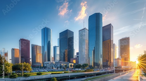 A modern urban skyline with a prominent landmark, captured at golden hour © Budi