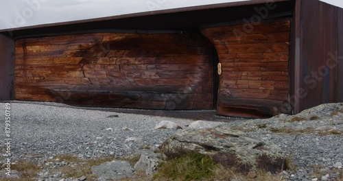 Summer in Norway. Dovrefjell-Sunndalsfjella National Park. Viewpoint SNØHETTA. Architectural viewing pavilion overlooking Tverrfjellet mountain at Hjerkinn. 