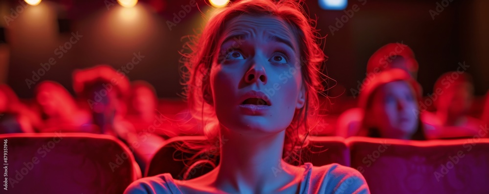 Fototapeta premium Scared woman watches a horror movie in a dark cinema, feeling intense fear as the thriller unfolds on the big screen