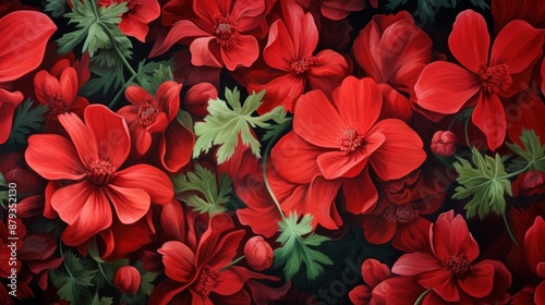 Background of a mix of delicate red adonis blossoms and fresh green leaves