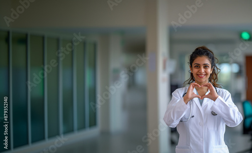 Cheerful young Indian doctor woman making hand heart, looking at camera with happy toothy smile, showing romantic gesture of love, care, health protection, cardiology healthcare