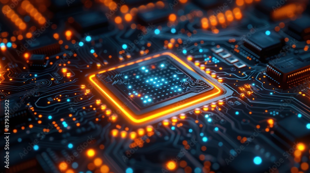 Closeup of a Glowing Microchip on a Motherboard Closeup of a Glowing Microchip on a Motherboard