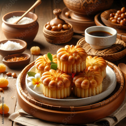 Indonesia Traditional Cake, Kue Ku served on white plate and wooden bamboo photo