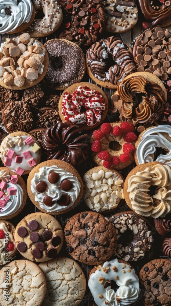 Freshly baked cookies and donuts with frosting and sprinkles cooling on a metal rack, creating a tempting display of sweet treats Freshly baked cookies and donuts with frosting and sprinkles cooling on a metal rack, creating a tempting display of sweet treats