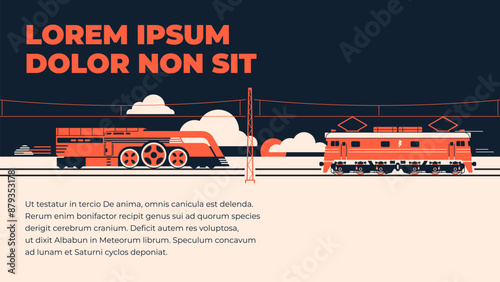 Railways or railroad traffic. Retrofuturism style illustration or postcard template