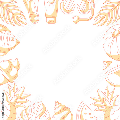 Summer minimalist square card, monochrome orange beach accessories icons. Border frame, space for text in the middle, isolated on white. For poster, flyer, banner, invitation, social media, party