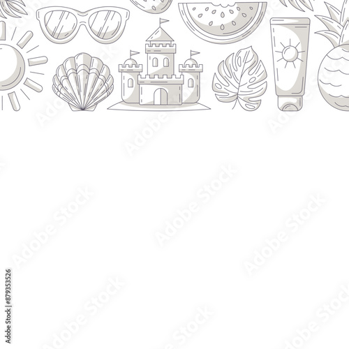 Summer minimalist square card, monochrome gray beach accessories icons. Upper border frame, space for text, isolated on white. For poster, flyer, banner, invitation, social media, party or sale
