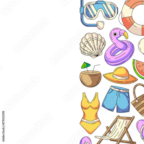 Summer colorful square card, painted beach accessories icons. Right side border frame, space for text, isolated on white. For poster, flyer, banner, invitation, social media, party, event or sale