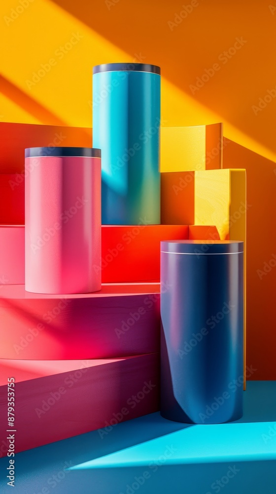 A row of colorful cans are stacked on top of each other A row of colorful cans are stacked on top of each other
